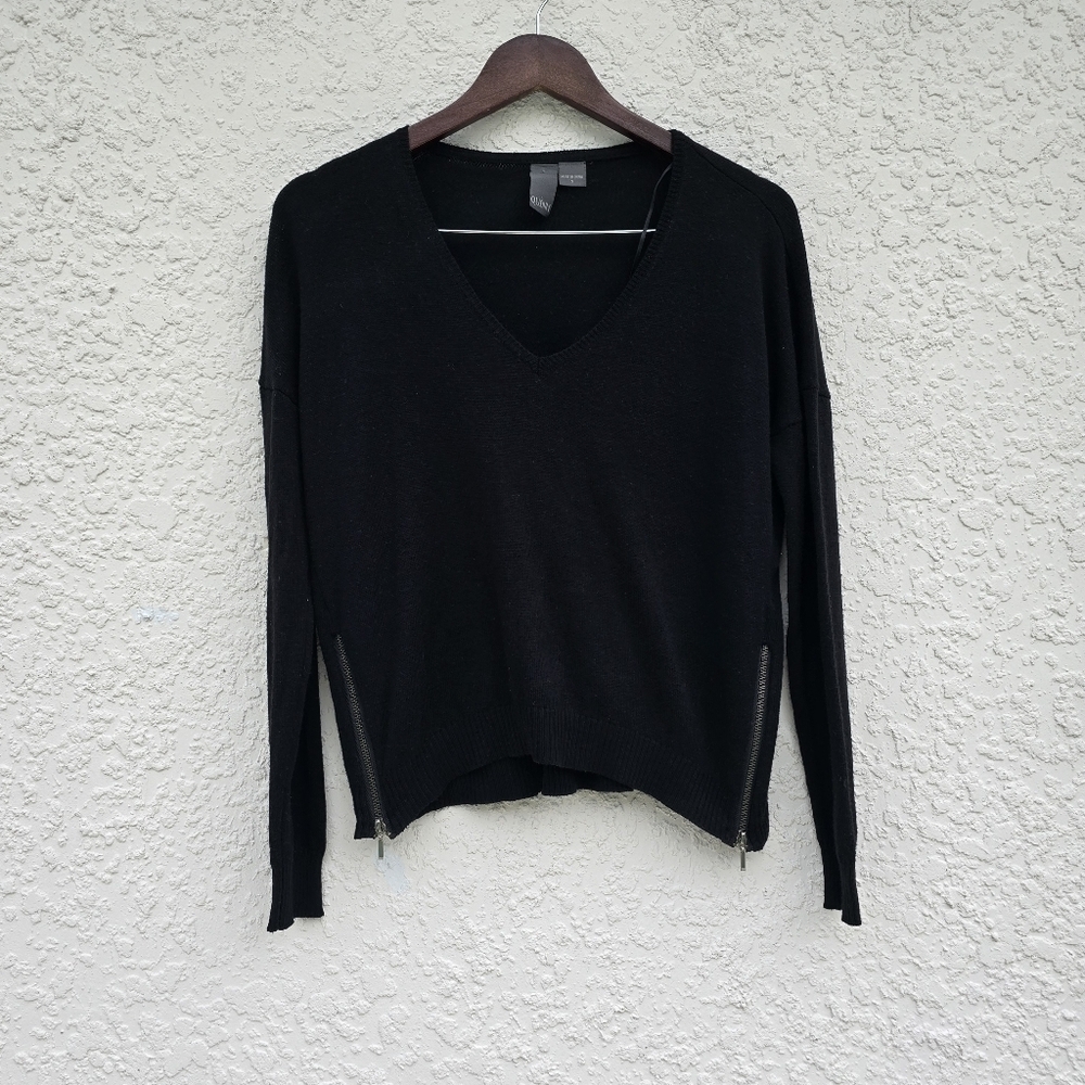 Black V-Neck Sweater with Zipper Accents